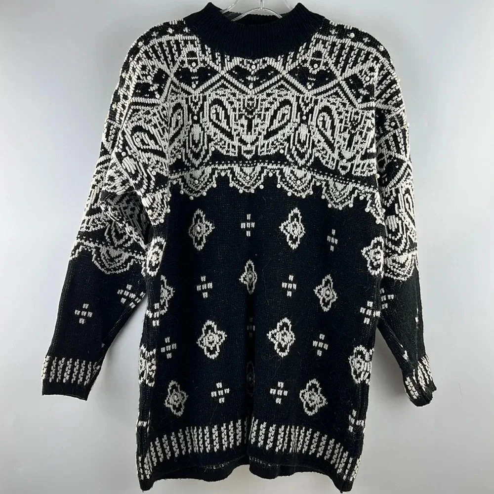 Star Cody Vintage Oversized Mock Neck Wool Blend Pullover Sweater Pearls Size M